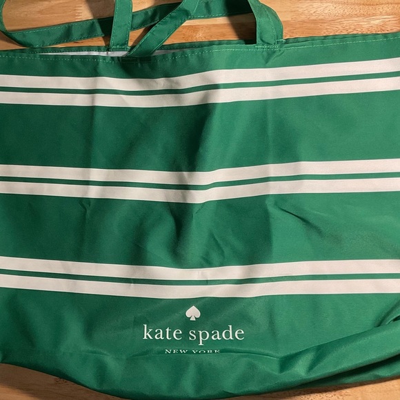 KATE SPADE Large Green White Stripe Tote Canvas Foldable Bag - Picture 4 of 4